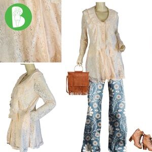 BY STELLA CREAM LACE & RUFFLES CARDIGAN SWEATER (M)